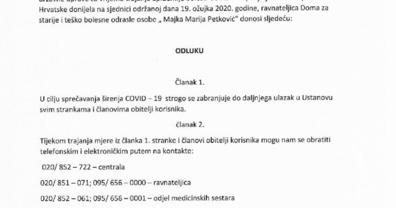 COVID 19 - zabrana ulaska u ustanovu