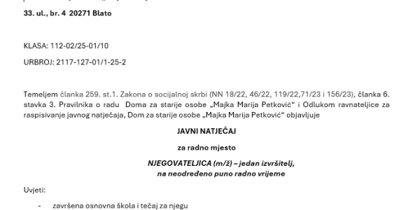 Javni natječaj za njegovateljicu, listopad 2025.