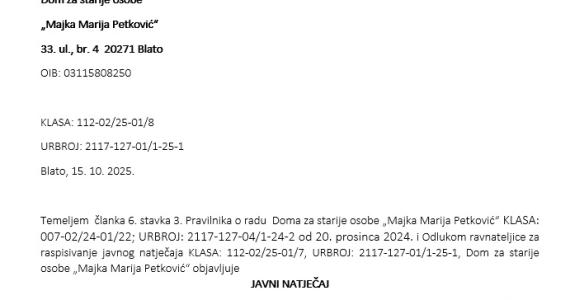 Javni natječaj za radno mjesto zdravstveni djelatnik u sustavu socijalne skrbi - medicinska sestra – tehničar dva izvršitelja na neodređeno puno radno vrijeme