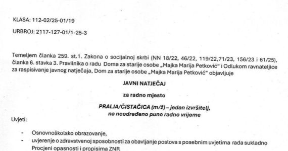 Javni natječaj za radno mjesto pralja/čistačica