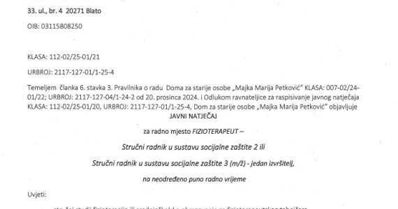 Javni natječaj za radno mjesto fizioterapeut