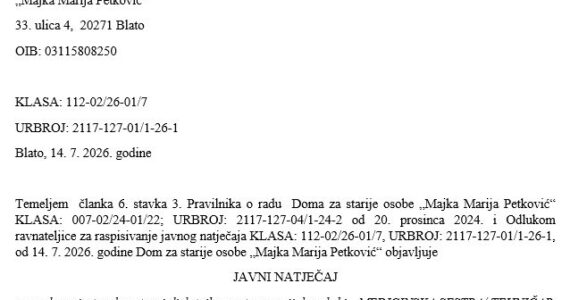 Javni natječaj za zapošljavanje 2 med.sestre2026 NN 78/26