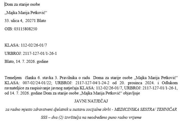 Javni natječaj za zapošljavanje 2 med.sestre2026 NN 78/26