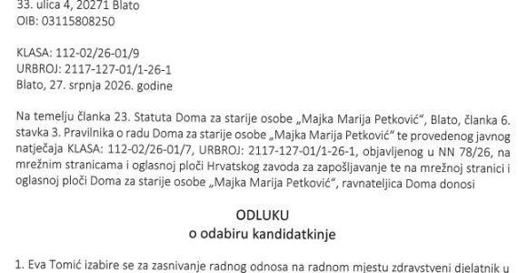 Odluka o odabiru kandidatkinje na radnom mjestu zdravstveni djelatnik u sustavu socijalne skrbi
