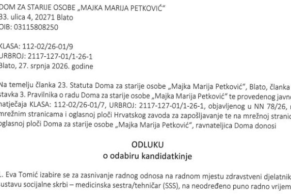 Odluka O Odabiru Kandidatkinje Na Radnom Mjestu Zdravstveni Djelatnik U Sustavu Socijalne Skrbi